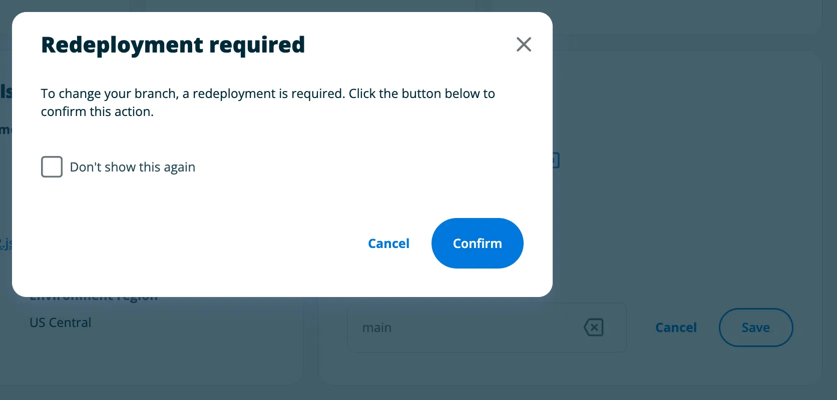 Edit branch redeploy modal