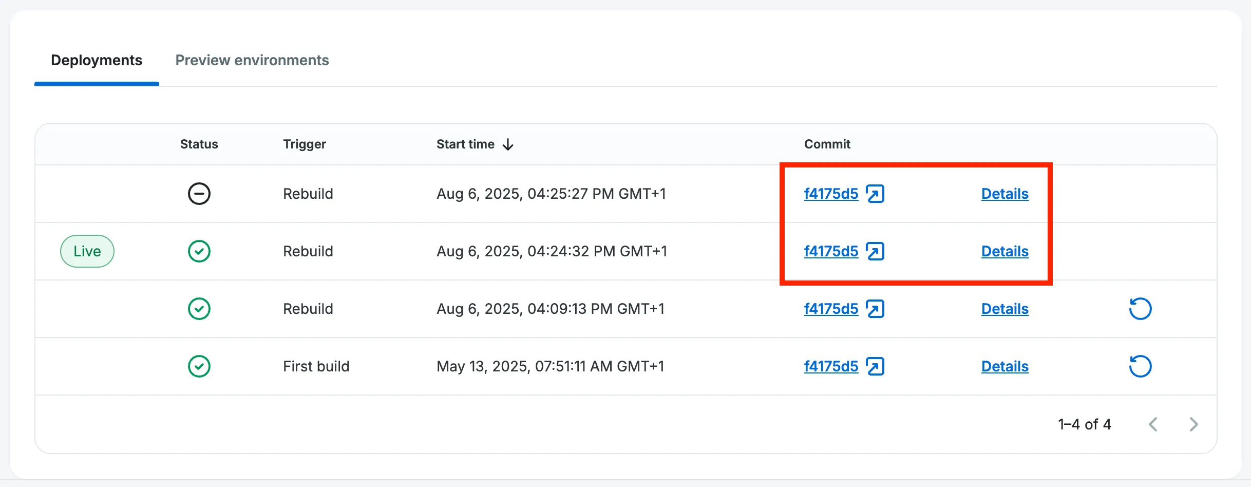 Build history for a Headless Platform environment